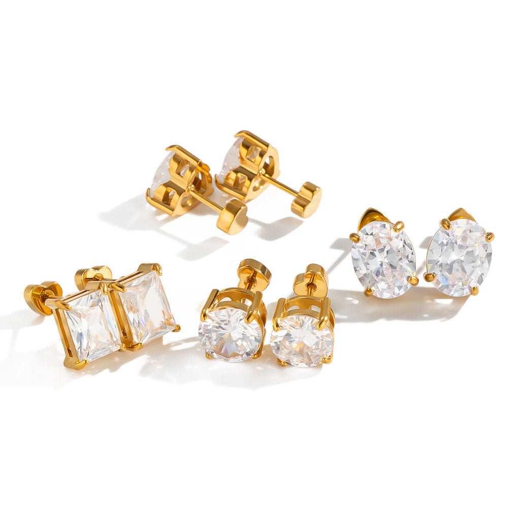 Stainless Steel 18k Gold Stud Earrings With Zircon Inlays For Women