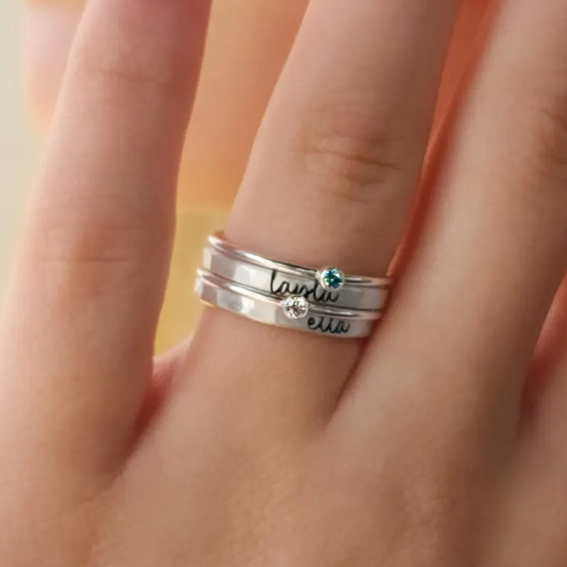 Birthstone-engraved Four-Piece Stacked Ring Set