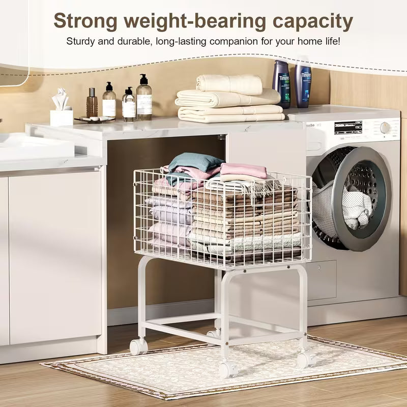 Metal Wire Rolling Laundry Hamper Cart with Pull Handle