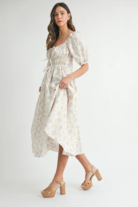 Floral Drawstring Puff Sleeve Midi Dress in White, Yellow, Blue