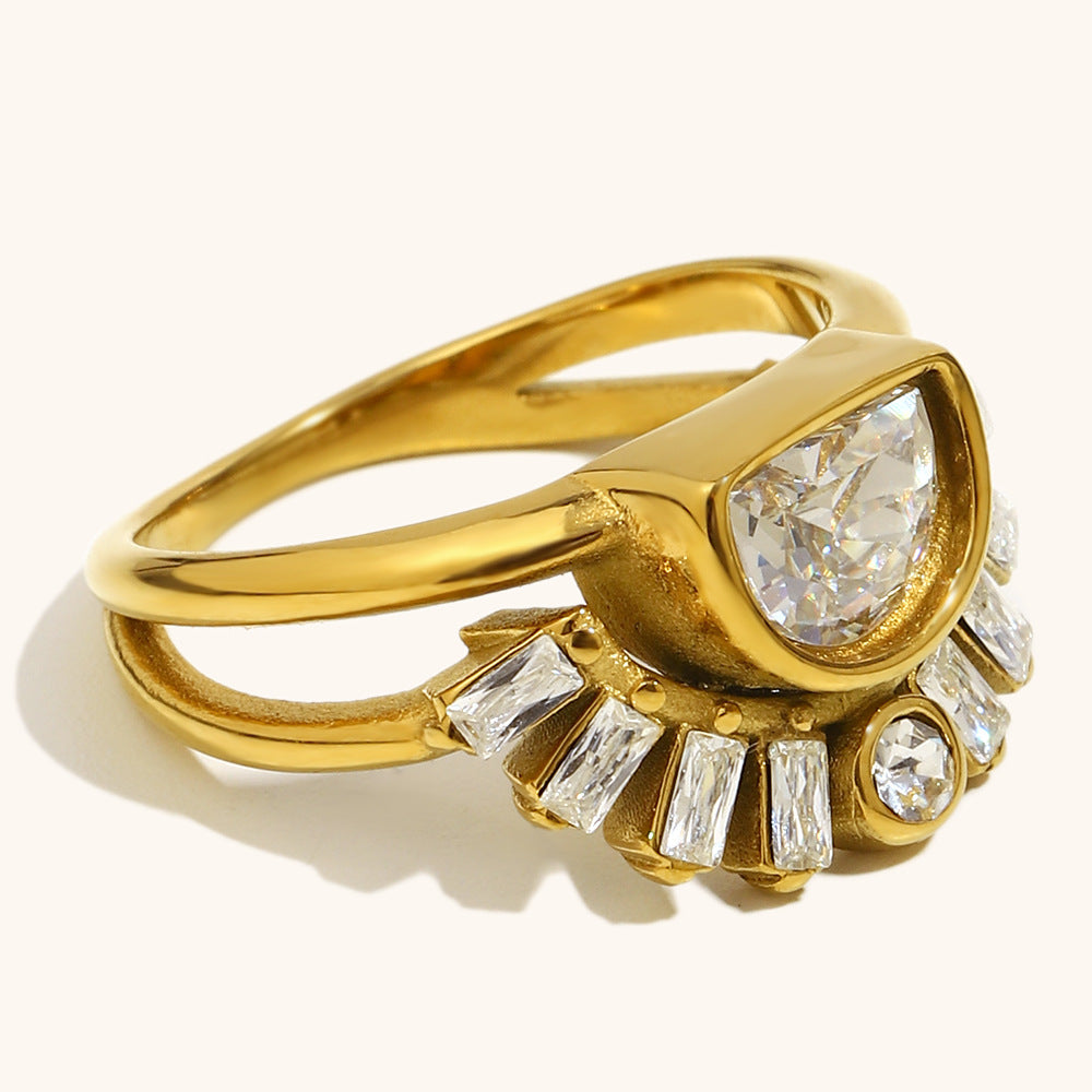 Sun Double-Layer Geometric Stainless Steel Ring for Women Gold