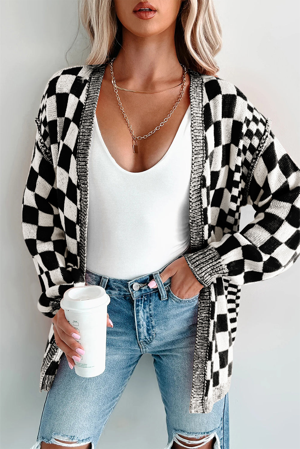 Brown Checkered Open Front Drop Shoulder Cardigan