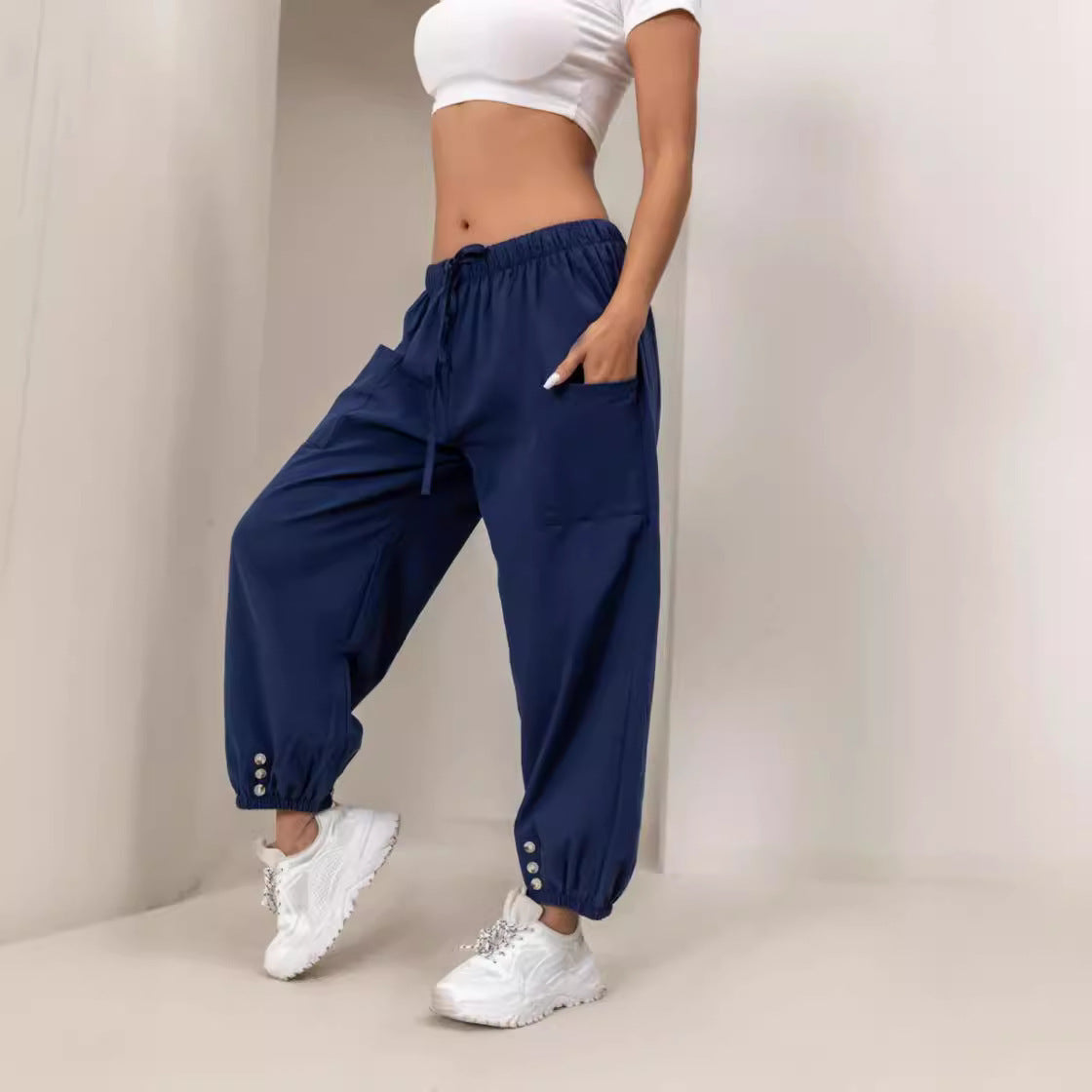 Women Casual Loose Joggers with Button Detail Comfortable Loungewear - Image 4