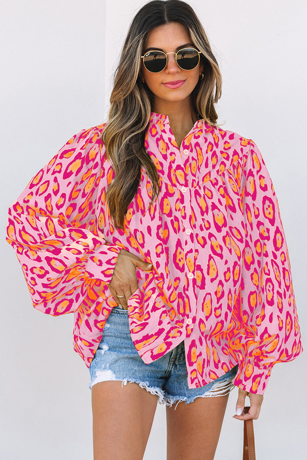 Light French Beige Oversized Leopard Print Balloon Sleeve Casual Shirt