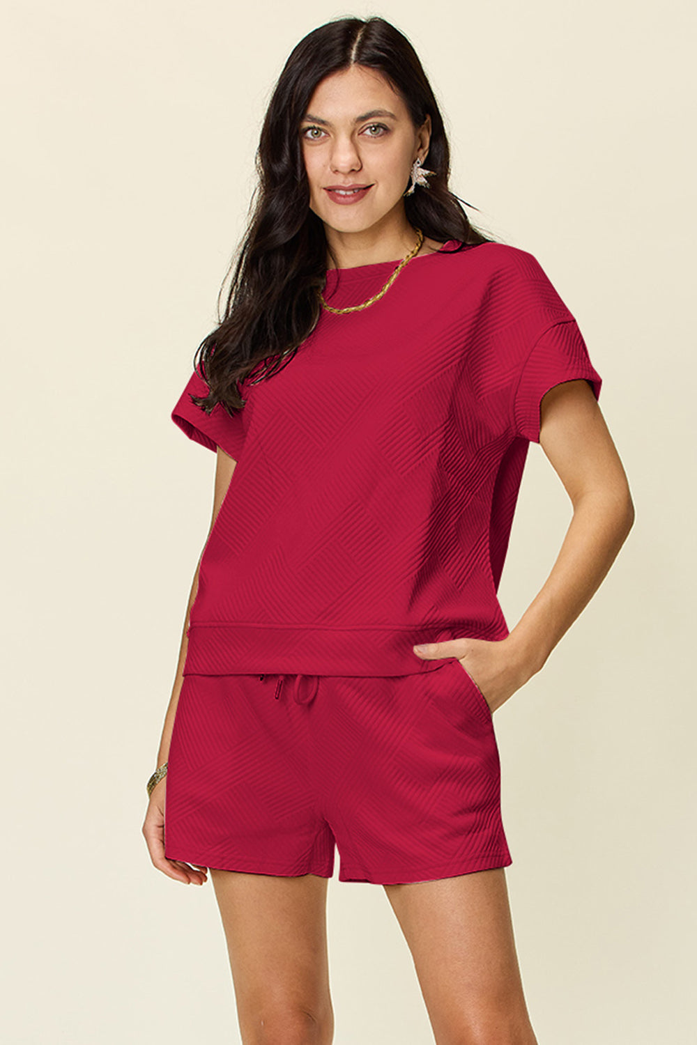 White Textured Drawstring Shorts and Relaxed Tee Lounge Set - Image 35