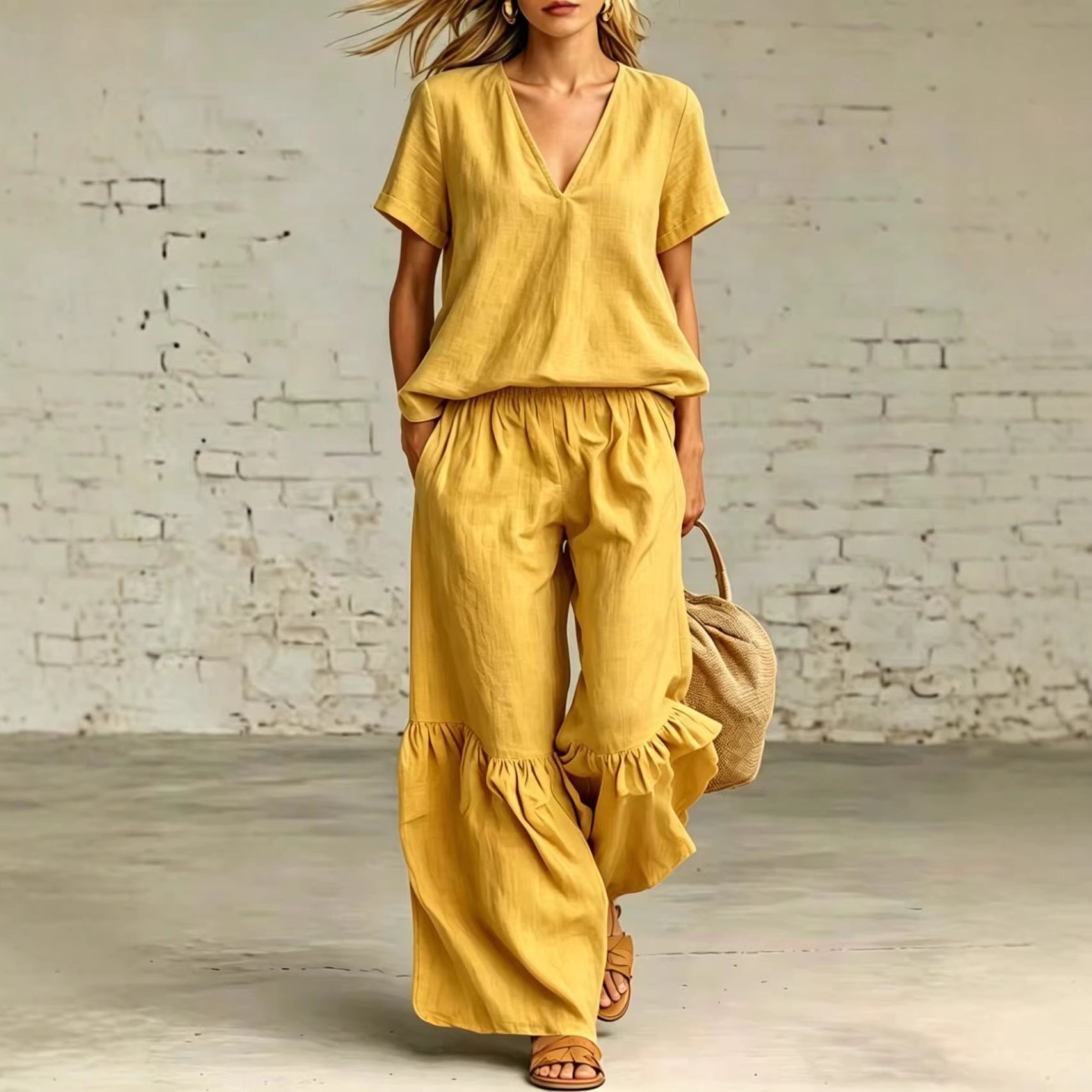 V-Neck Short Sleeve Top and Ruffled Hem Pants Set - Image 2