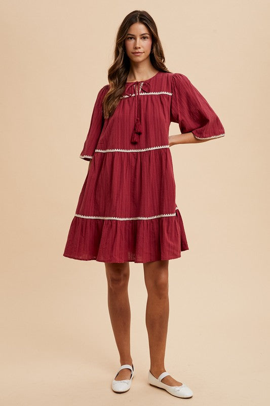 Tassel Contrast Trim Tiered Dress with Tie Neck