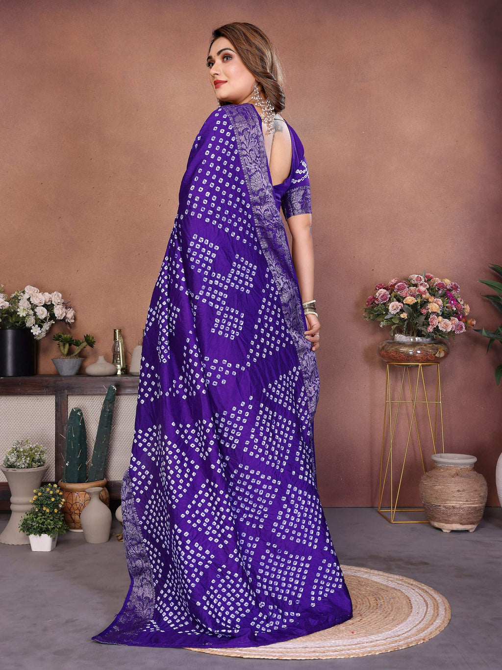 Purple Pure Dola Silk Handmade Original Bandhej Saree