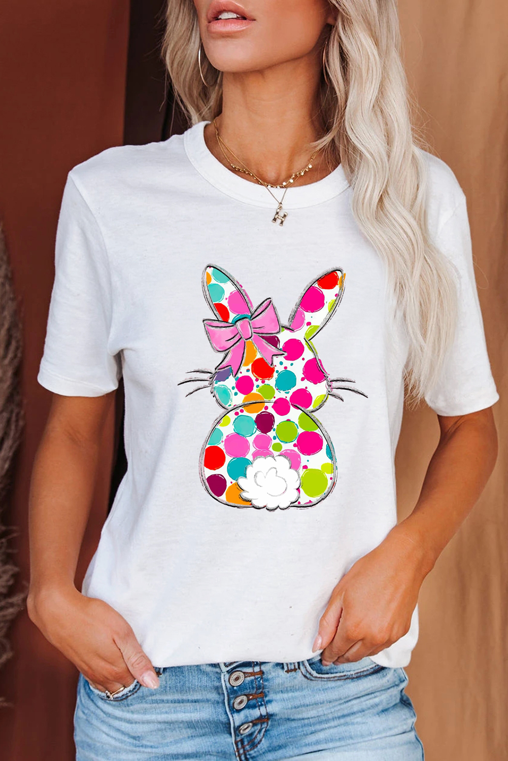 White Polka Dot Bow Rabbit Graphic Crewneck Easter T-Shirt