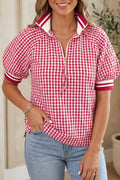 Journi Patchwork Half Zip Blouse featuring a geometric gingham pattern and puff sleeves