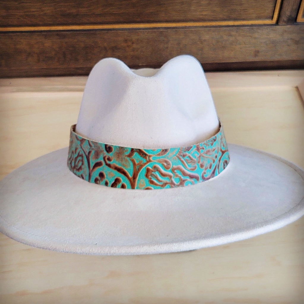 Wide Turquoise and Brown Floral Tooled Leather Cowboy Hat Band - Image 2