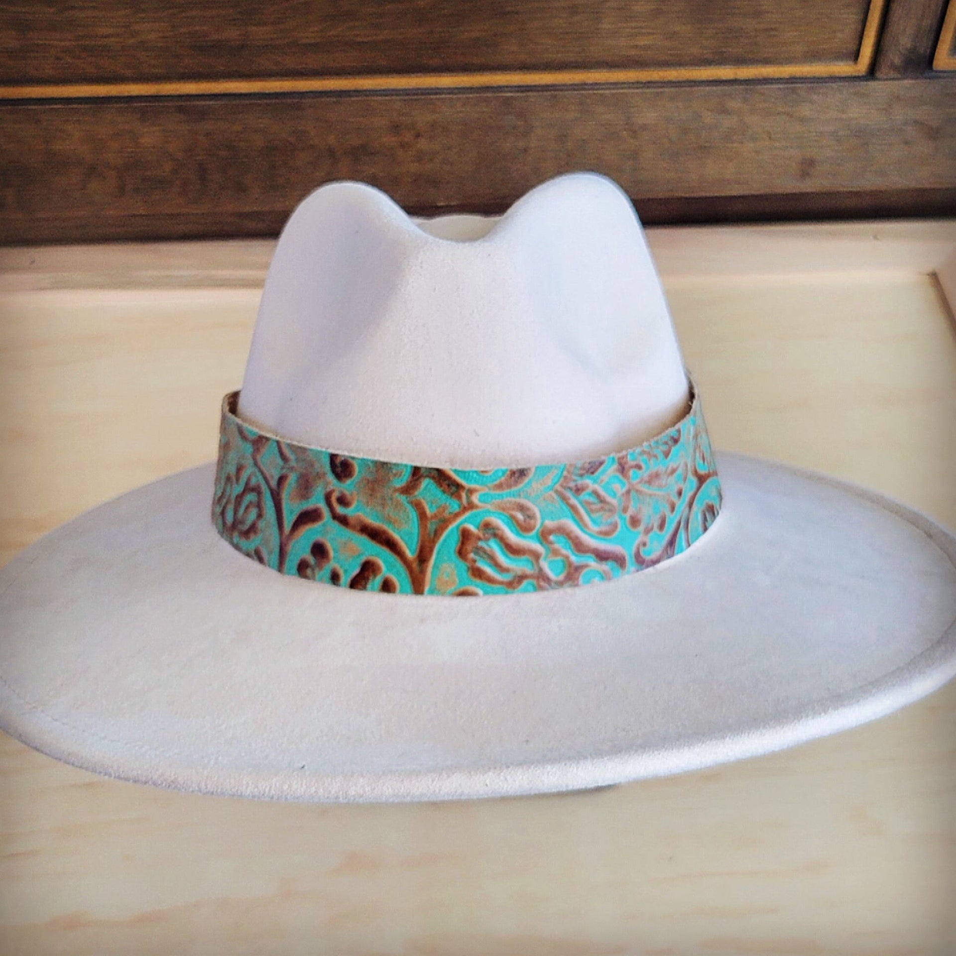 Wide Turquoise and Brown Floral Tooled Leather Cowboy Hat Band - Image 2