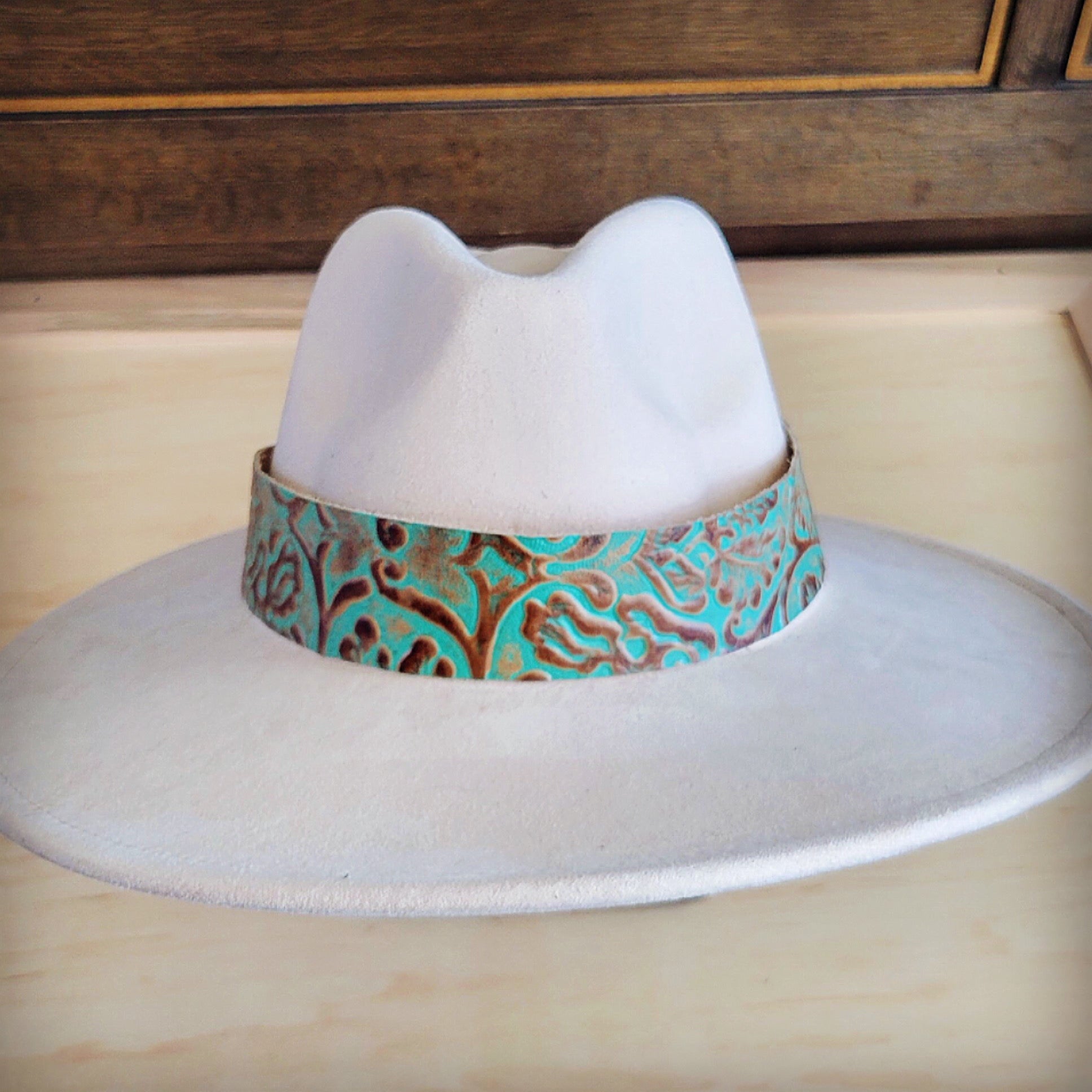 Wide Turquoise and Brown Floral Tooled Leather Cowboy Hat Band - Image 2