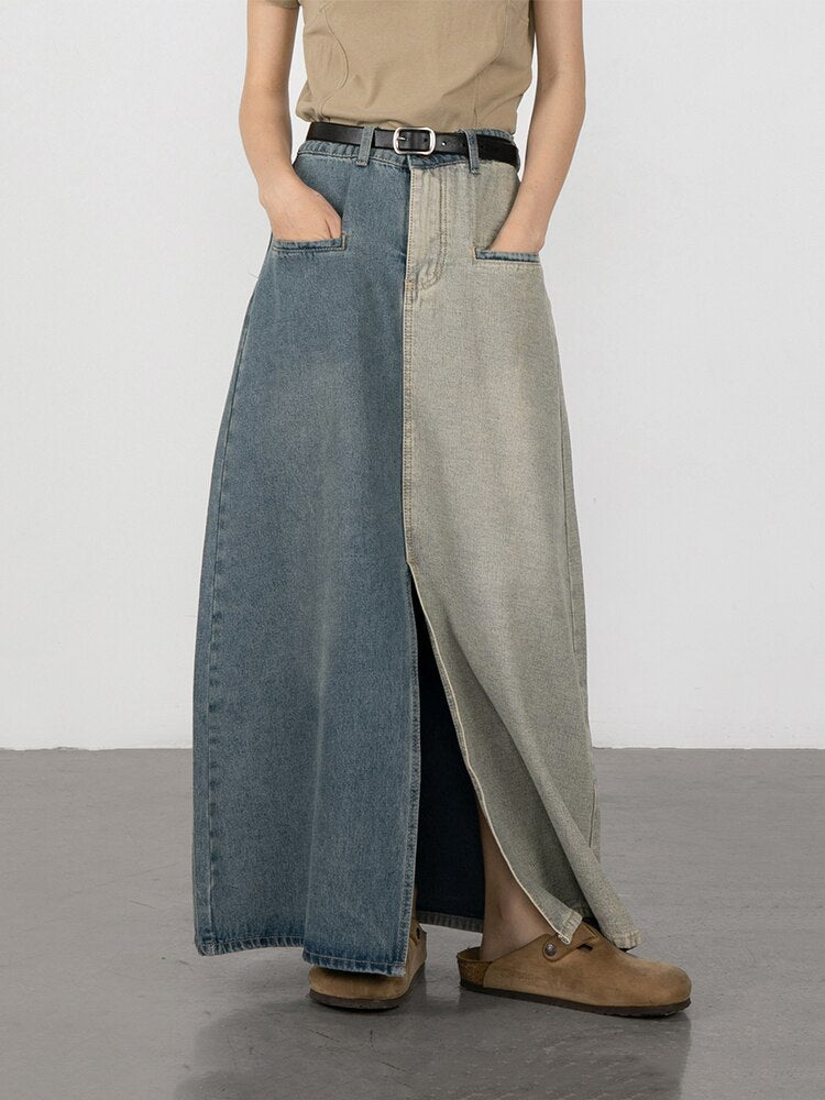 Women's Vintage Color Block Denim Maxi Skirt with Pockets
