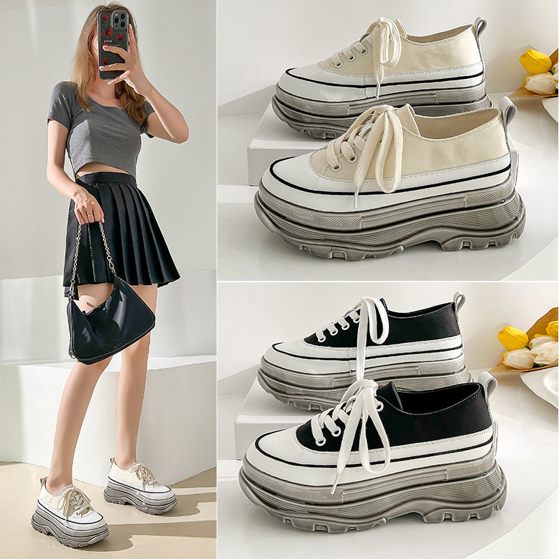 Women's canvas platform sneakers in white and beige with chunky soles, shown worn by a model and in a flat lay, alongside a black and white variant.