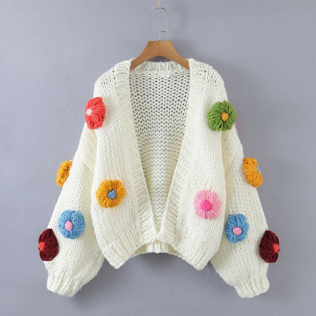 Women's 3D Flower Knit Cardigan Cream Chunky Floral Sweater Jacket - Image 2