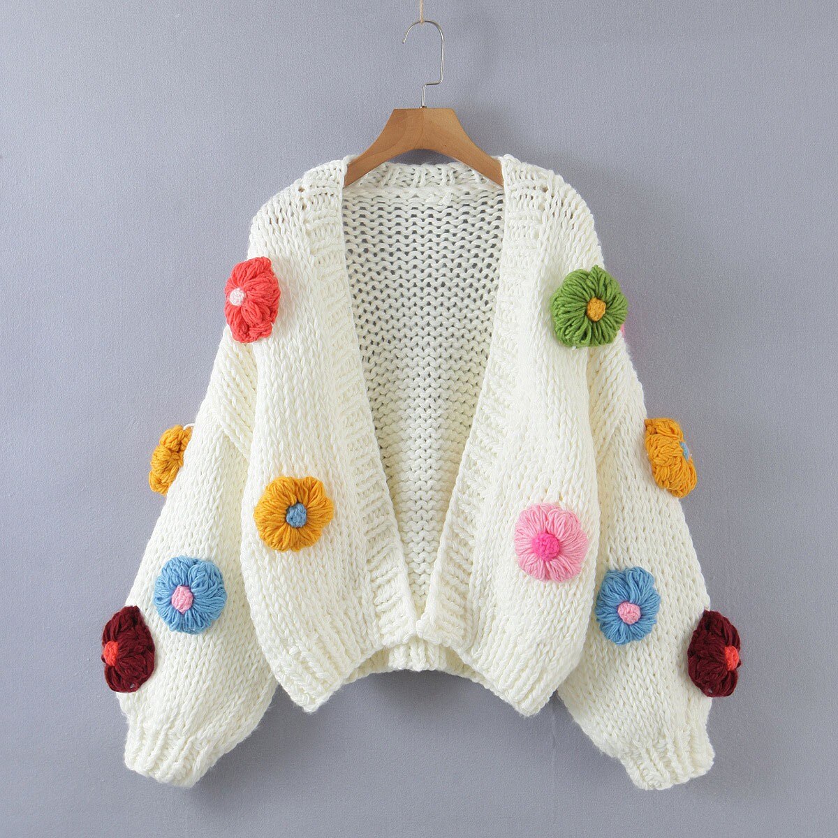 Women's 3D Flower Knit Cardigan Cream Chunky Floral Sweater Jacket - Image 2