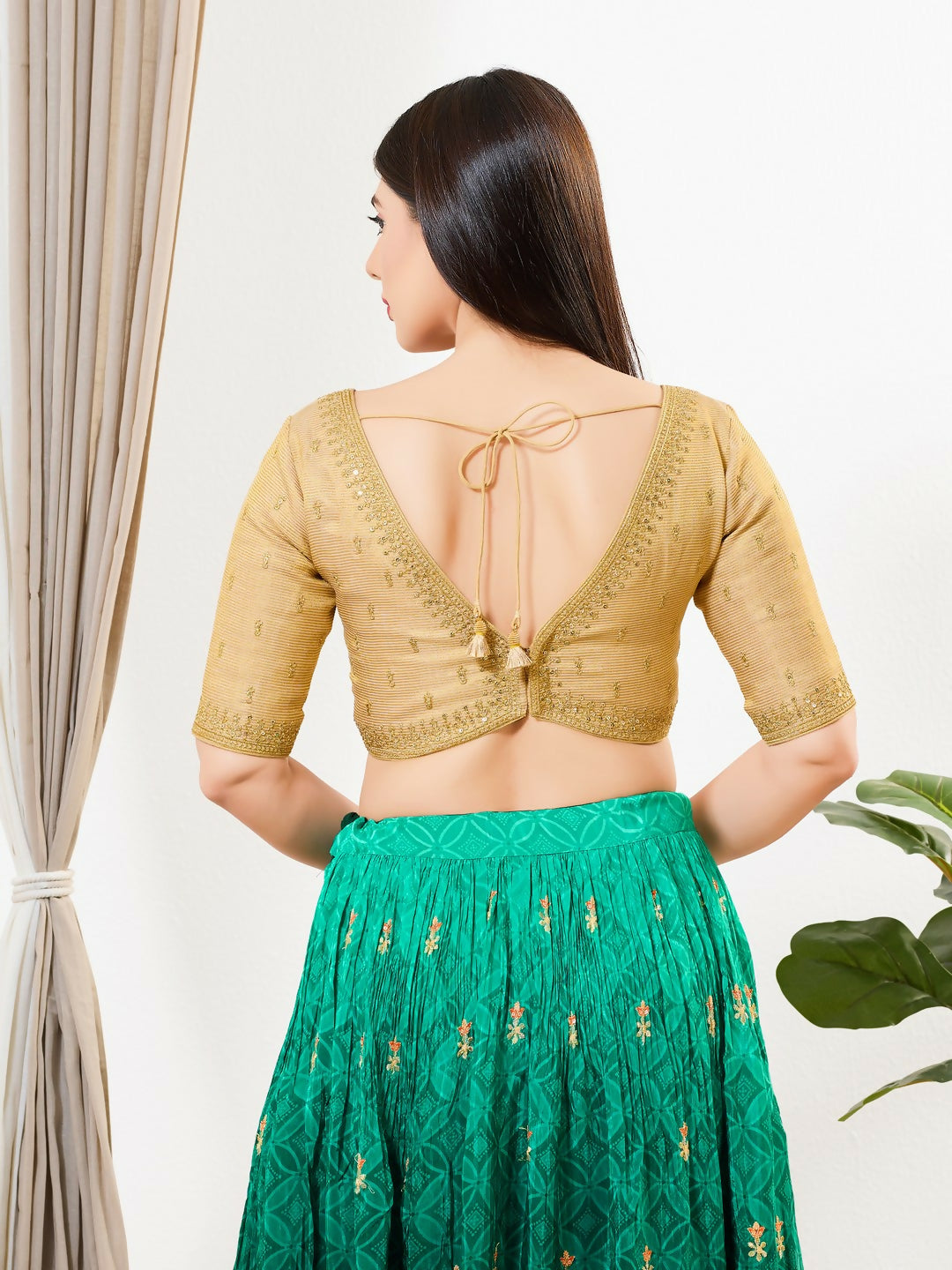 Gold Tissue Padded Blouse with Sweetheart Neck and Sleeves