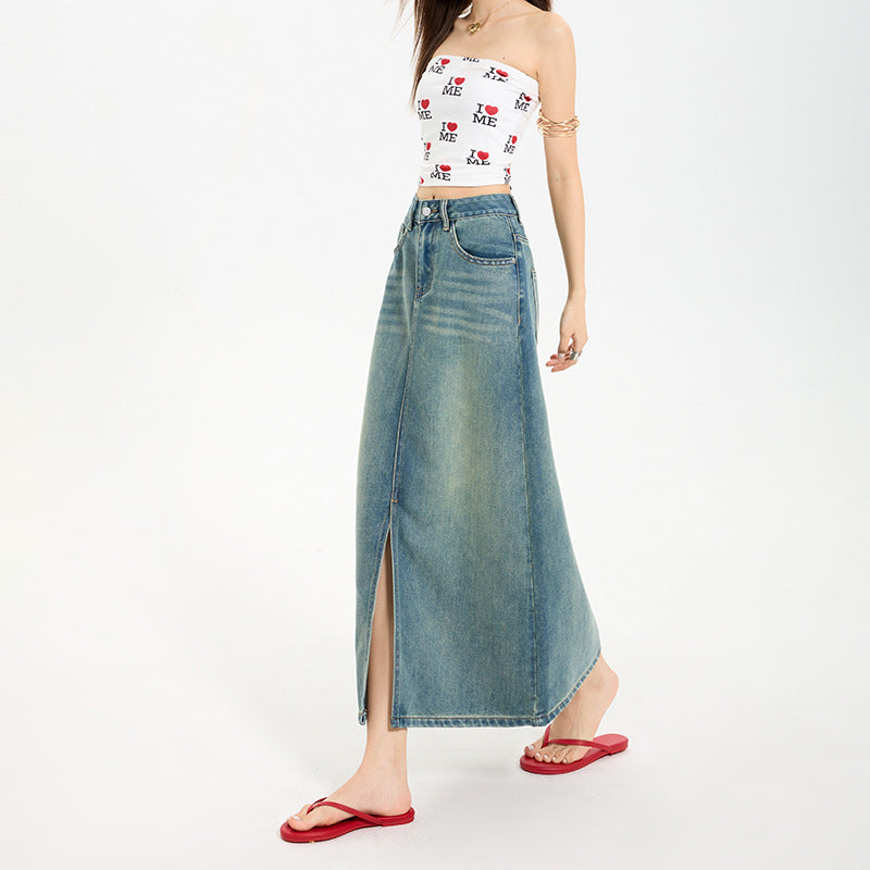 Women's High Waist Slit A-Line Denim Maxi Skirt - Vintage Wash - Image 3