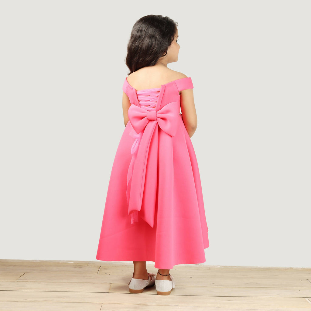 Pink Scuba Gown with Black Waist Belt and Back Bow Detail