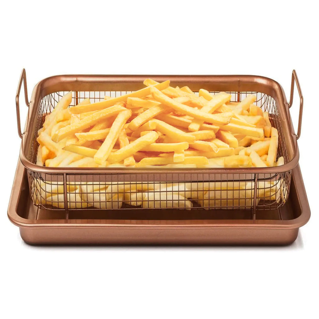 GWONGBAY 2-Piece Copper Crisper Tray13"L x9" W Oven PanCopper ChefOven Air Fryer Tray & Mesh Basket SetAir Fryer PanMicrowave Bacon TrayBroiler Pan for OvenBaking Set Kitchen Supplies -Copper