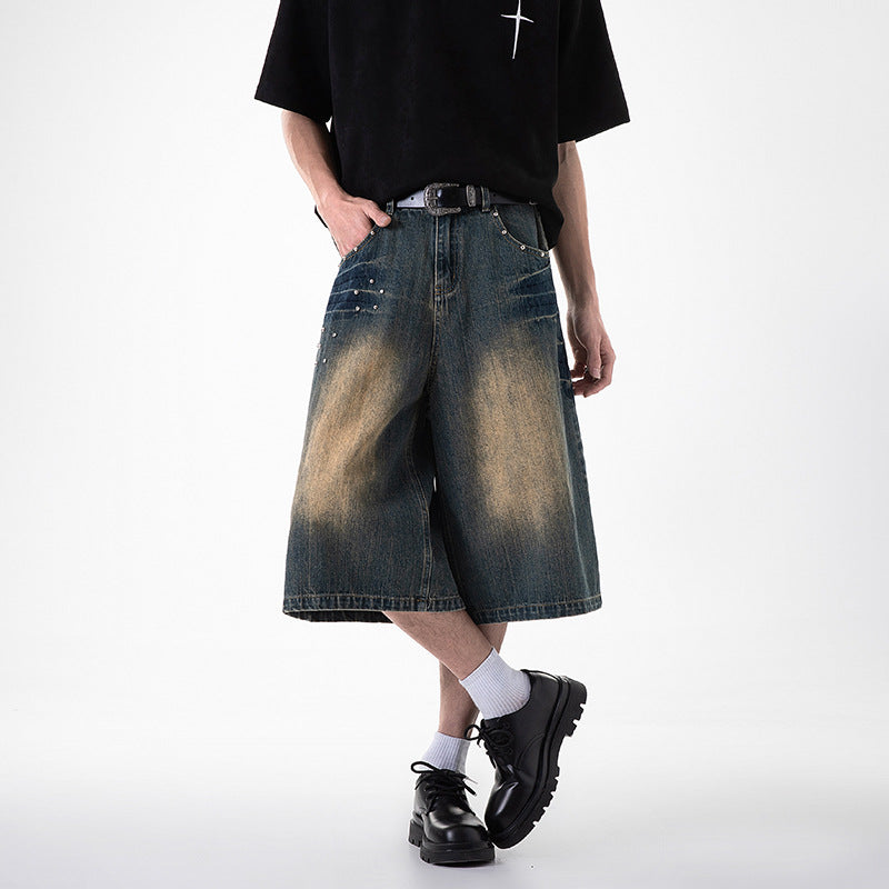 Harajuku Wide Leg Cropped Denim Jeans in Light & Dark Blue - Image 2