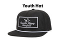 Youth throwback style black hat with white rope detail and a decorative patch.