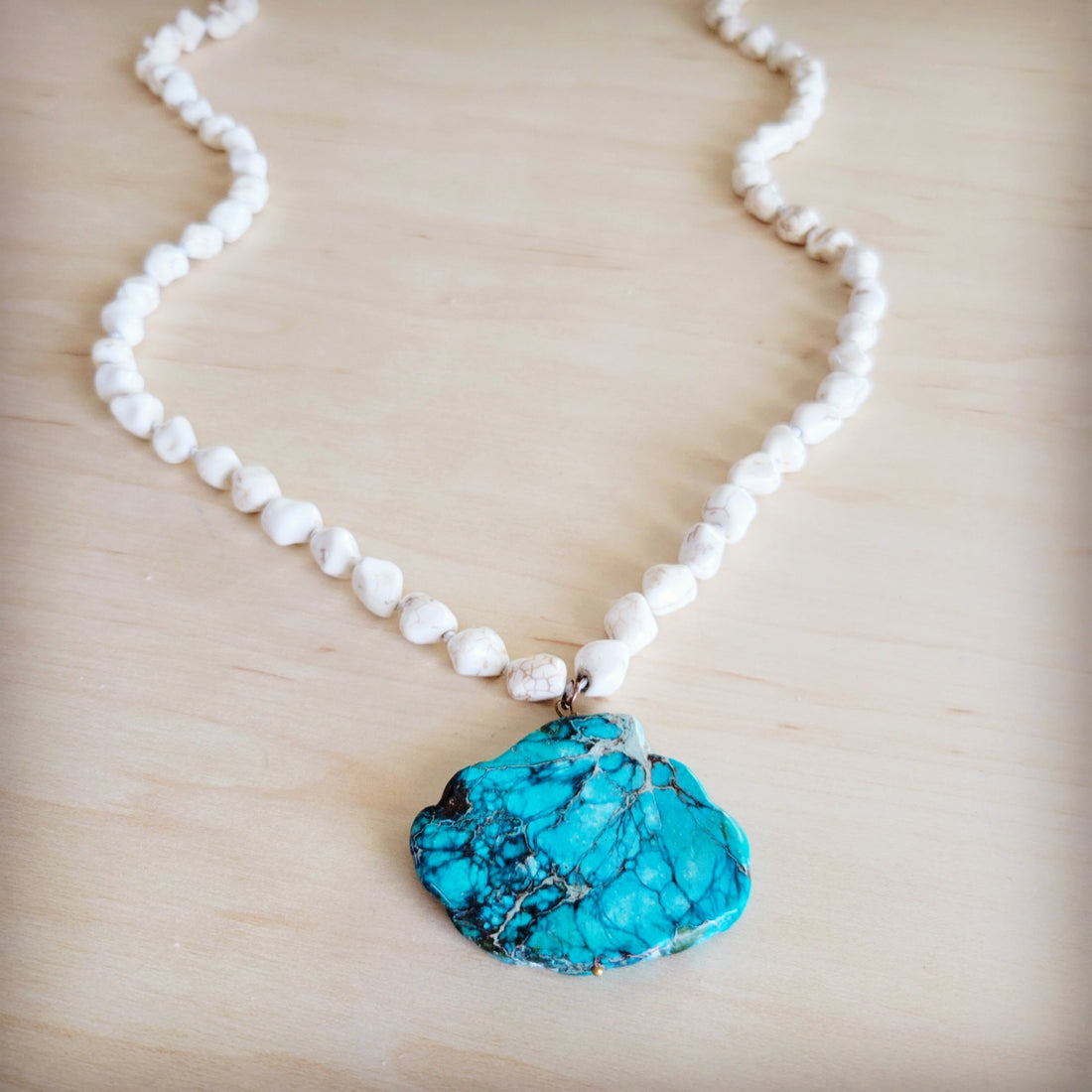 Long White Turquoise Beaded Necklace with Regalite Slab Pendant - Image 5