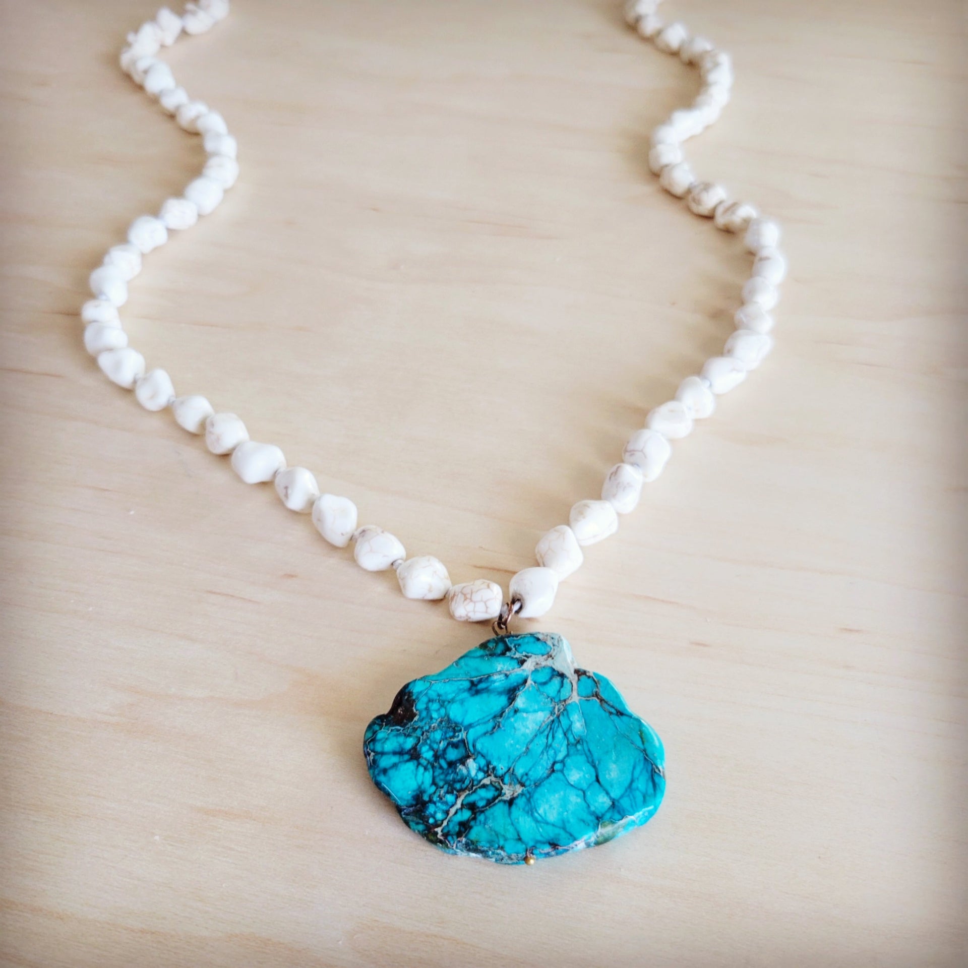 Long White Turquoise Beaded Necklace with Regalite Slab Pendant - Image 5