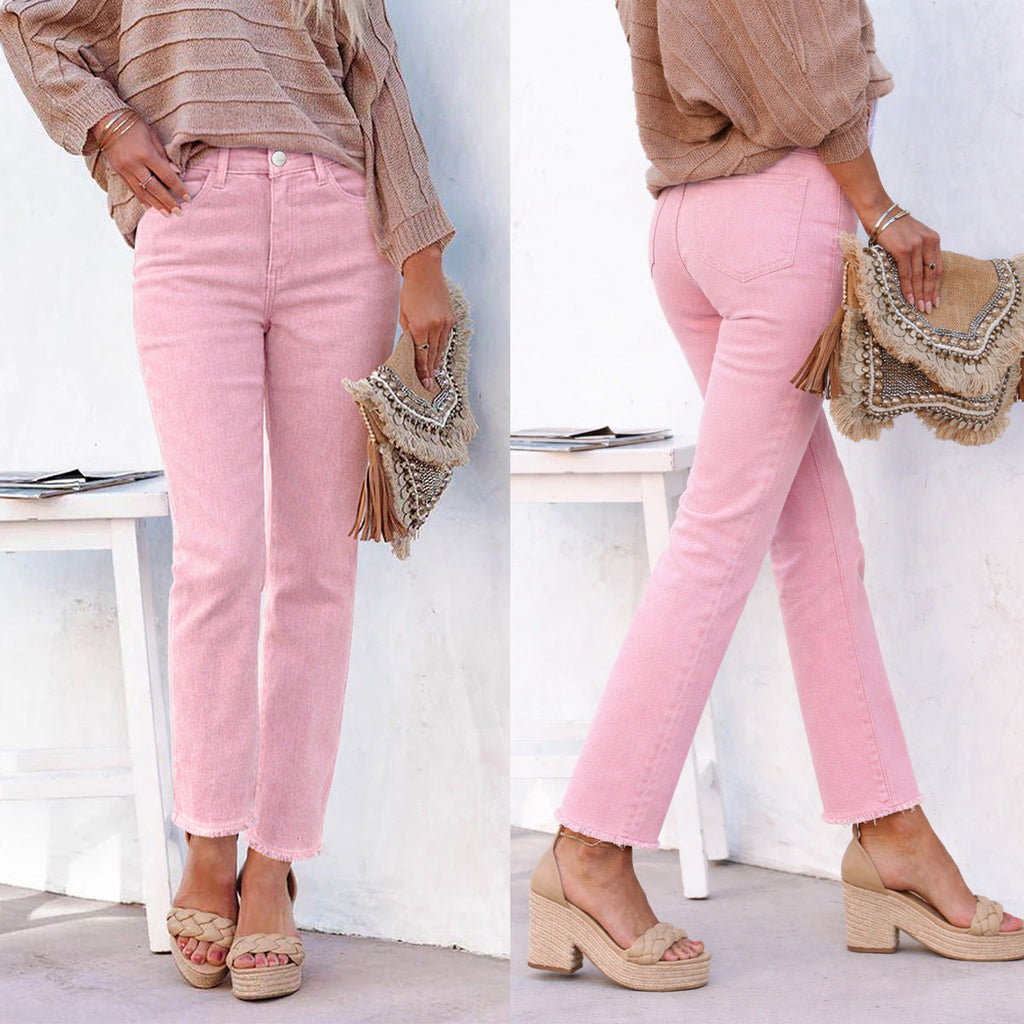 Women's High-Waist Straight Leg Ankle Jeans with Raw Hem