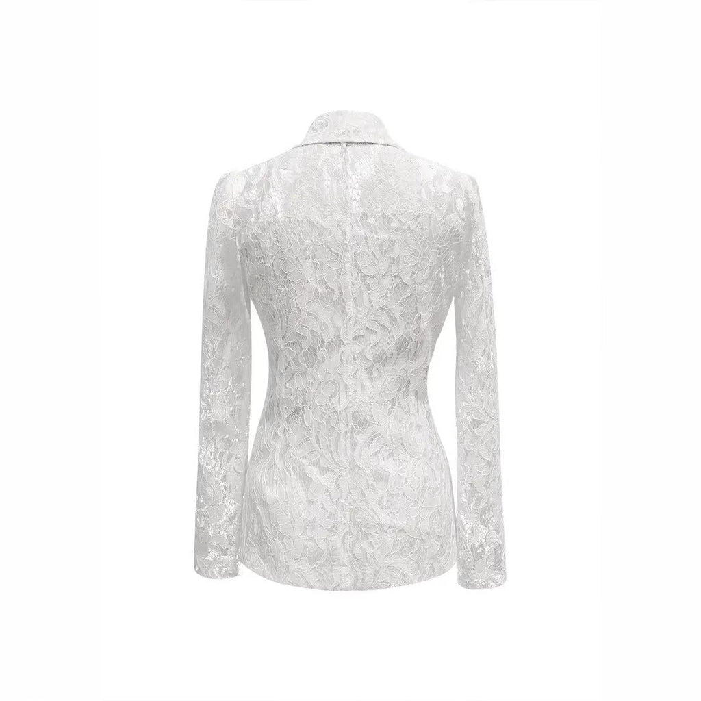 Sheer Floral Lace Blazer | Deep V Notched Lapel Single Button