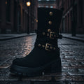 Women's Punk Moto Boots – Dual Buckle Strap Studded Platform Block Heel