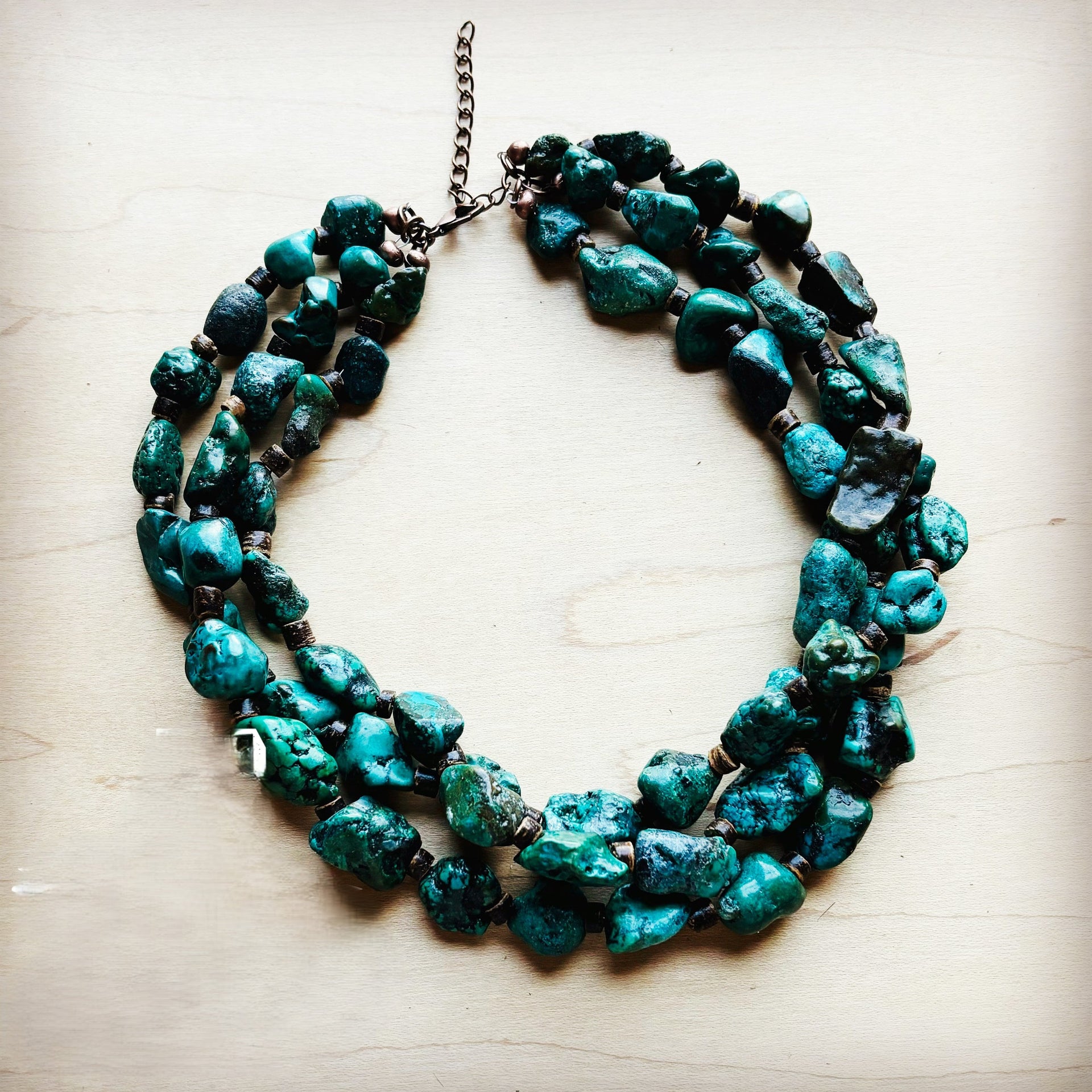 **Large Triple Strand Natural Turquoise & Wood Collar Necklace 252x