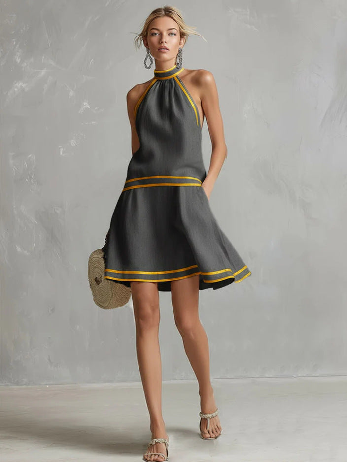 Striped Trim Choker Neck Sleeveless Mini Dress for Women