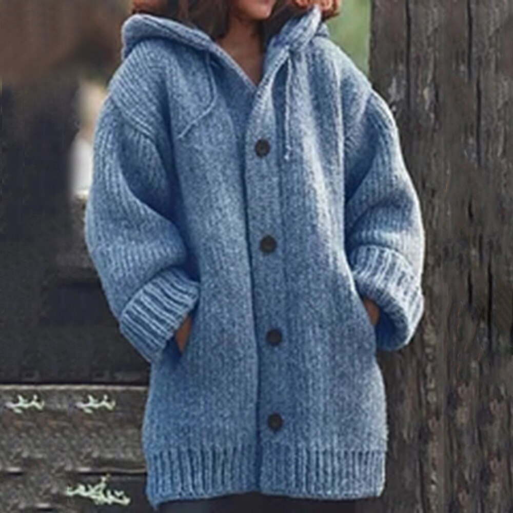 Women's Hooded Knitted Cardigan Cozy Button Up Long Sleeve Sweater - Image 4
