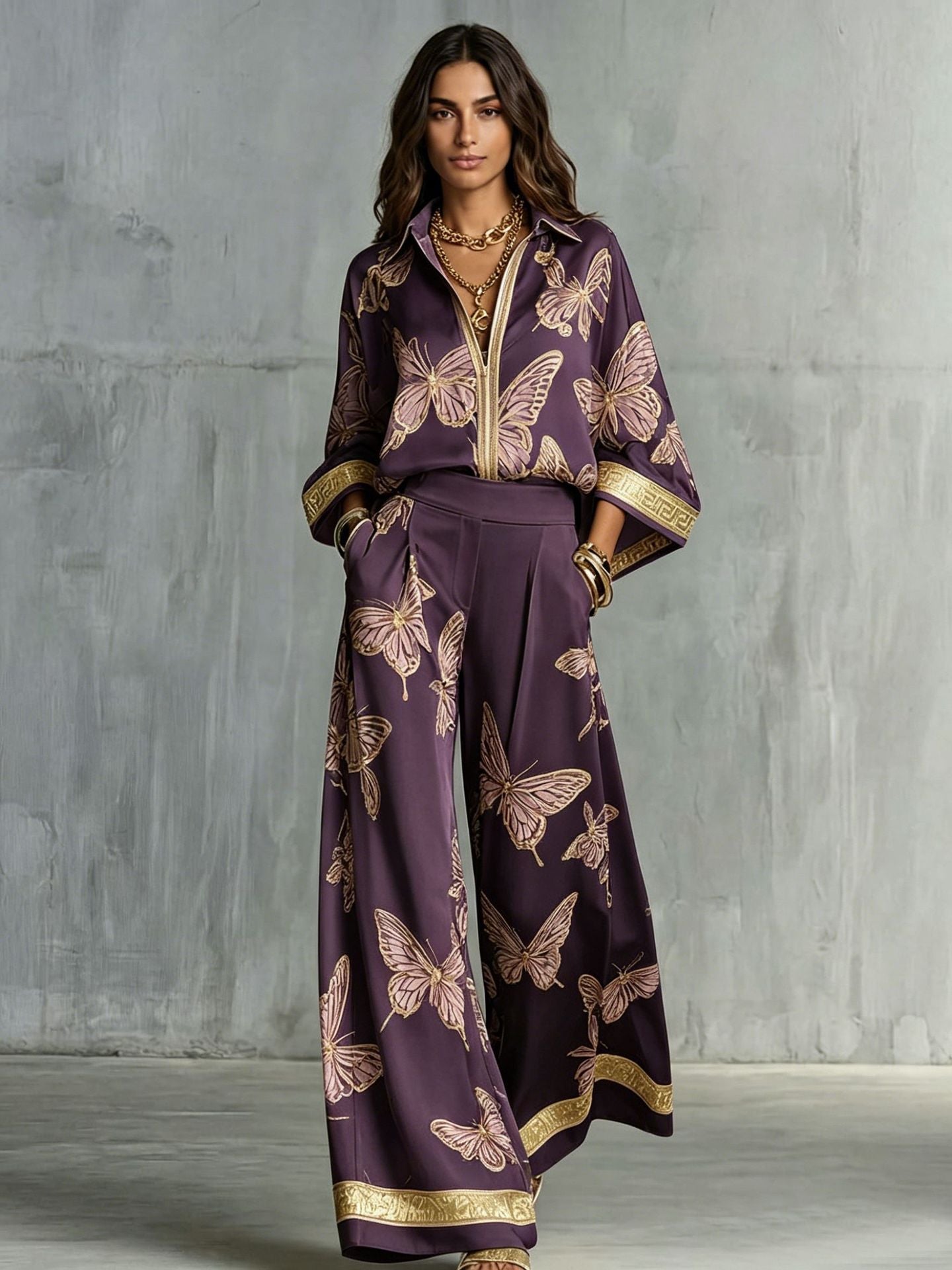Deep V-Neck Zipper Top and Wide Leg Pants Two-Piece Set