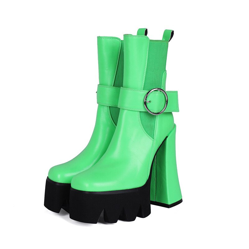 Women's Neon Green Platform Ankle Boots with Chunky Heels - Image 31