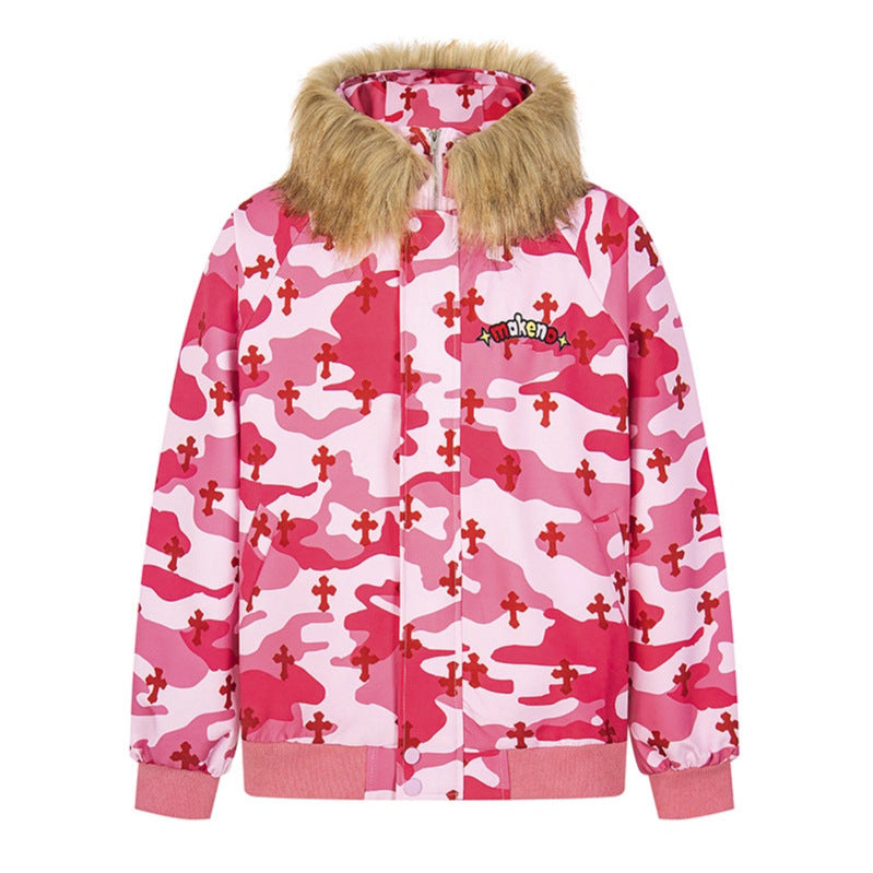 Women's pink camouflage hooded zip-up jacket with faux fur collar and cross pattern, showcasing the streetwear style. Also available in blue camo.