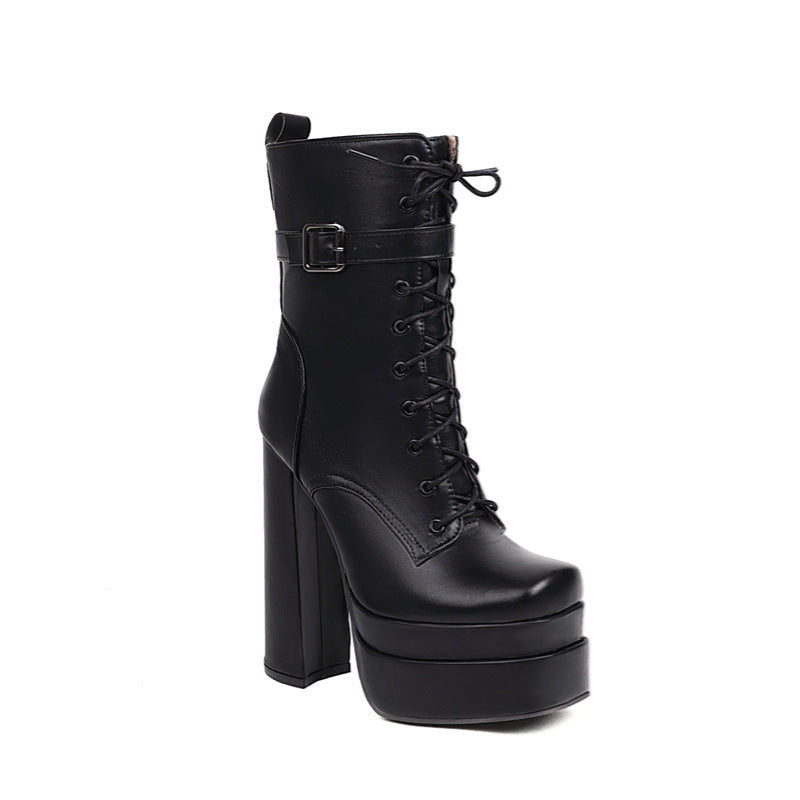 Women's Thick Sole Square Toe Platform Lace-Up Ankle Boots - Image 5