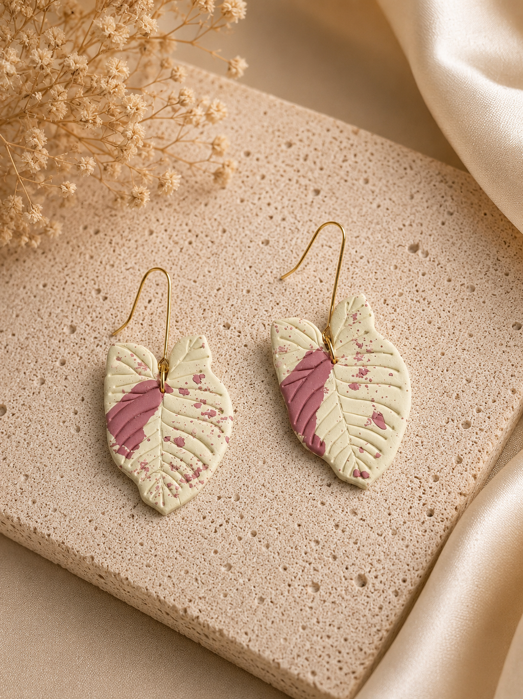 Syngonium Milk Confetti botanical polymer clay earrings with gold accents