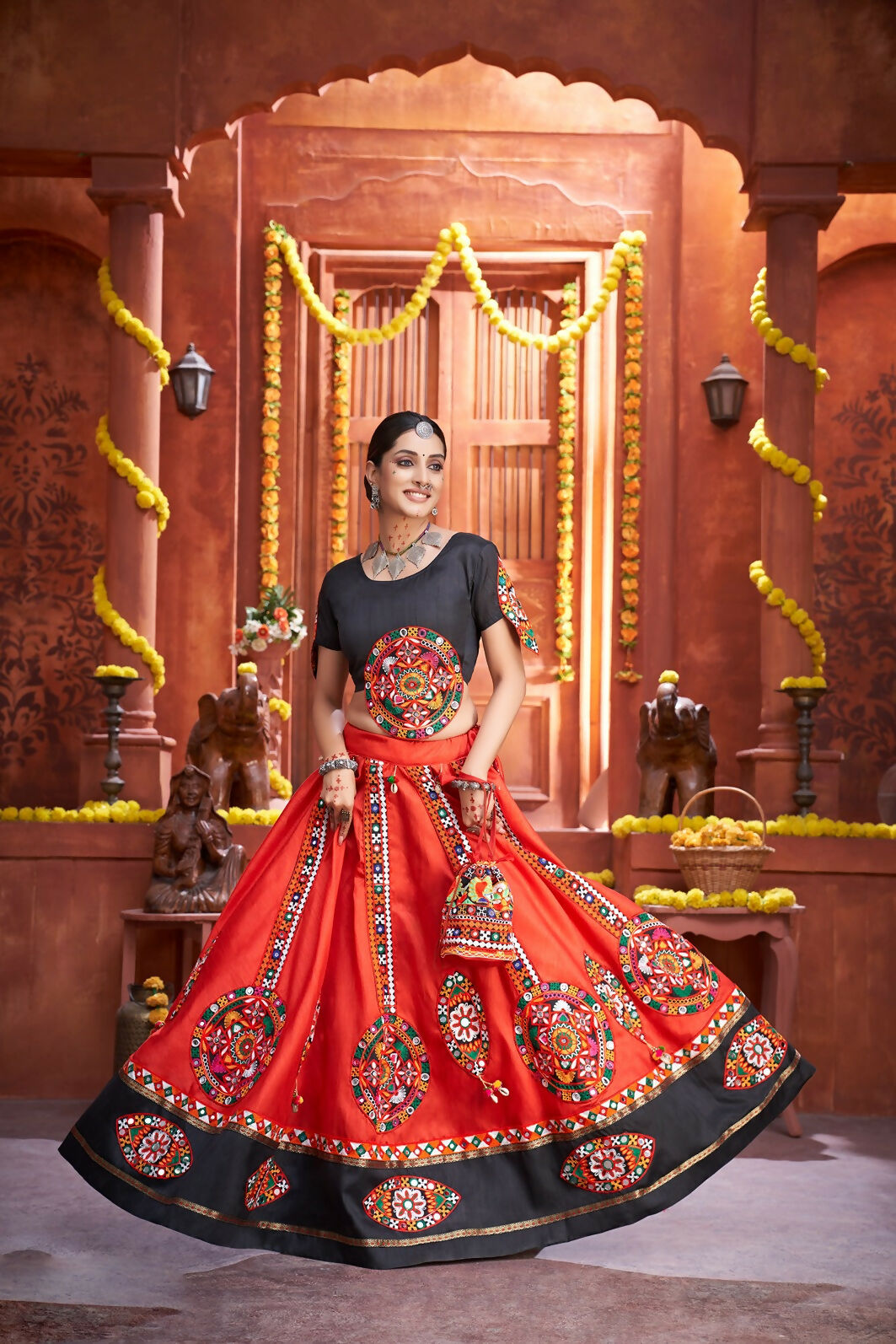 Red Art Silk Designer Navratri Lehenga Choli with Black Blouse