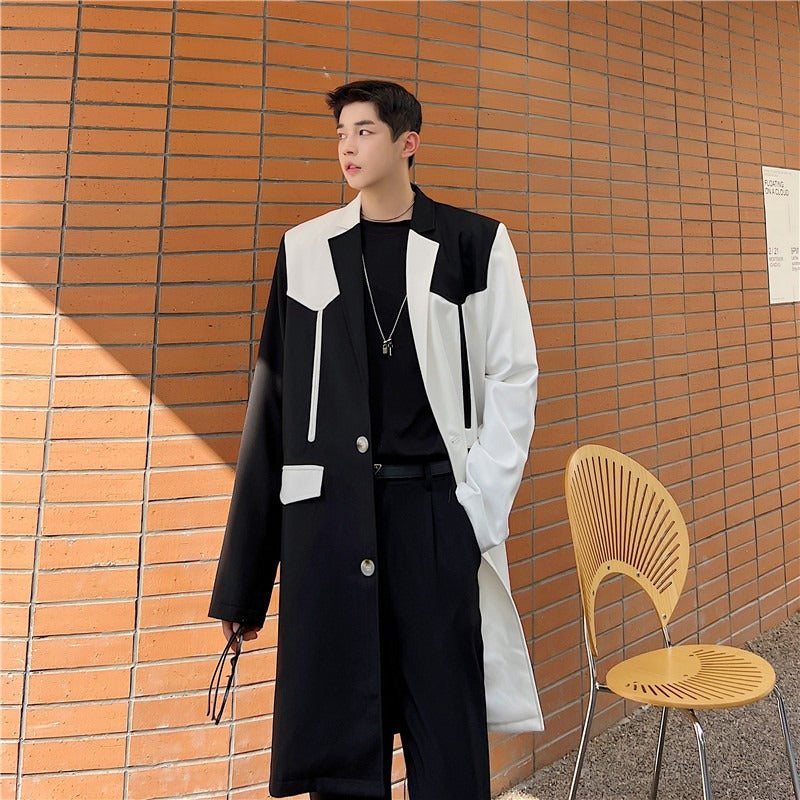 Women's Black & White Contrast Loose Casual Trench Coat - Image 3