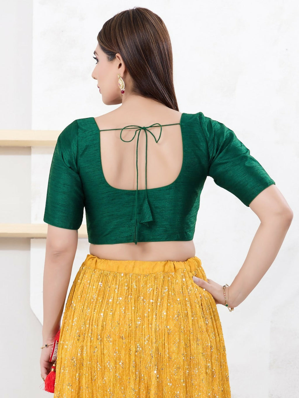 Bottle-Green Dupion Silk Sleeveless Round Neck Front Open Blouse