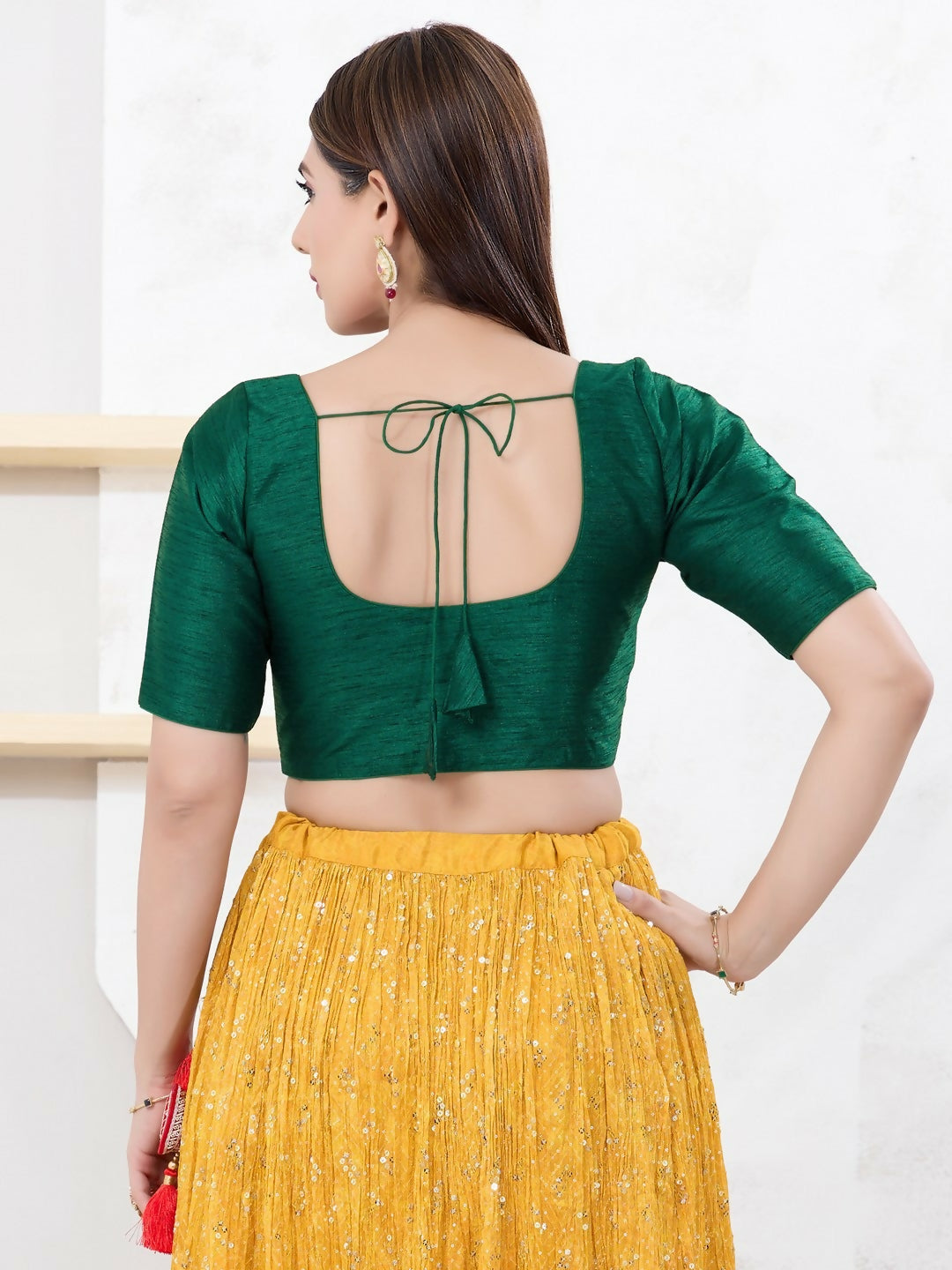 Bottle-Green Dupion Silk Sleeveless Round Neck Front Open Blouse