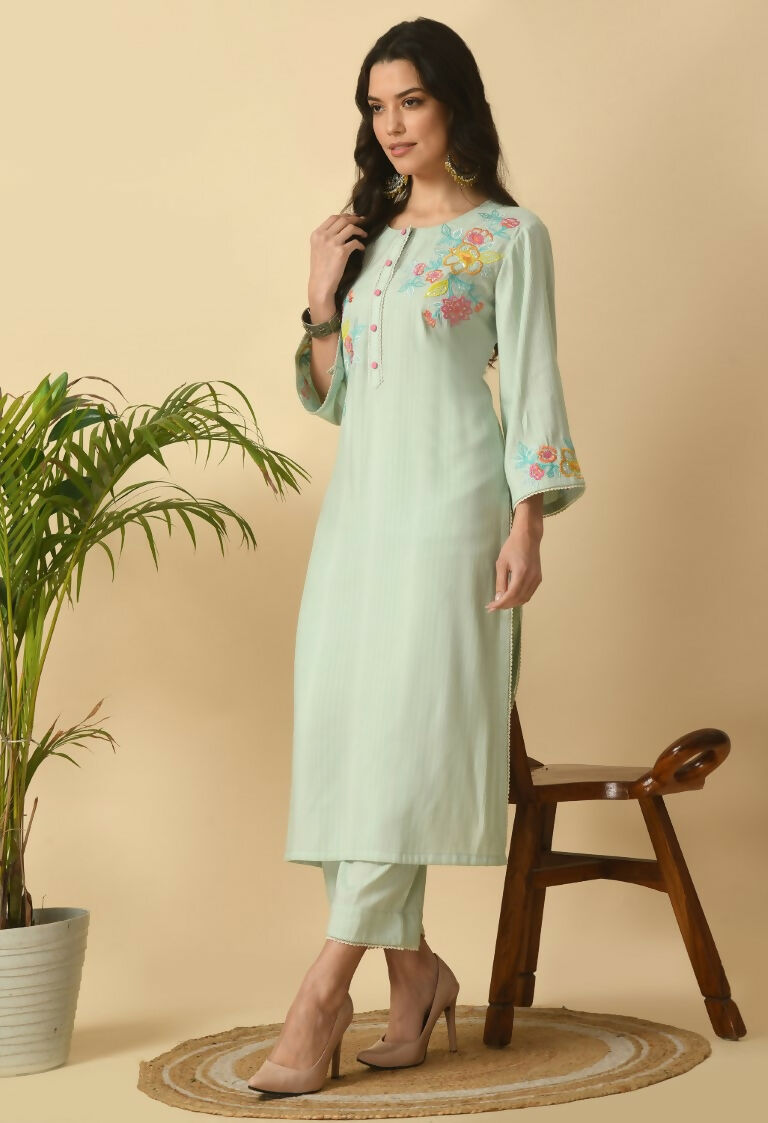 Light Green Cotton Rayon Kurta Set for Women - Ethnic Wear