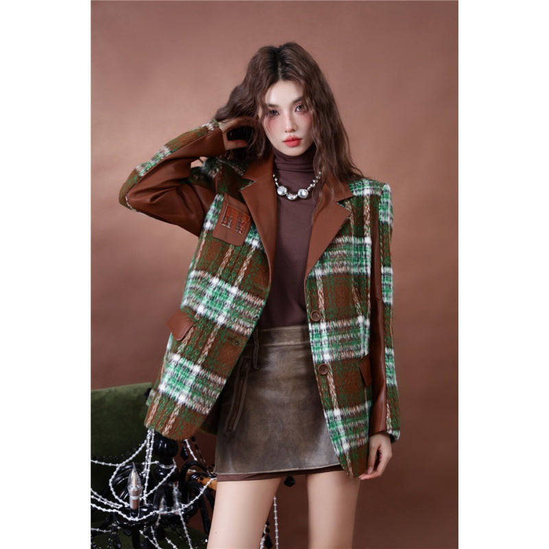 Women's Green Plaid Wool Blend Blazer with Faux Leather Trim - Image 2