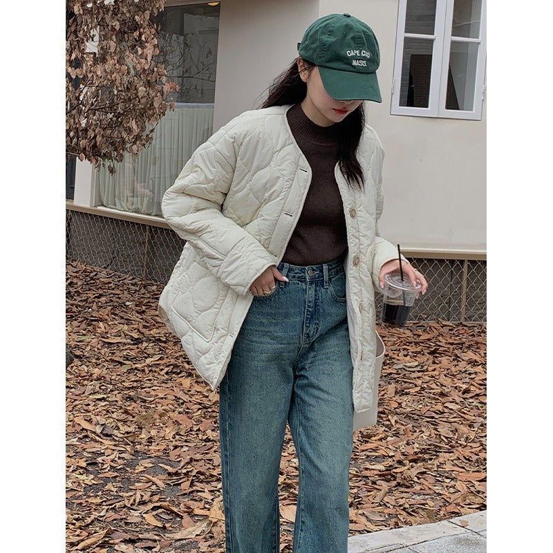 Women's Quilted Loose Single-Breasted Baseball Coat - Lilac & Cream - Image 4