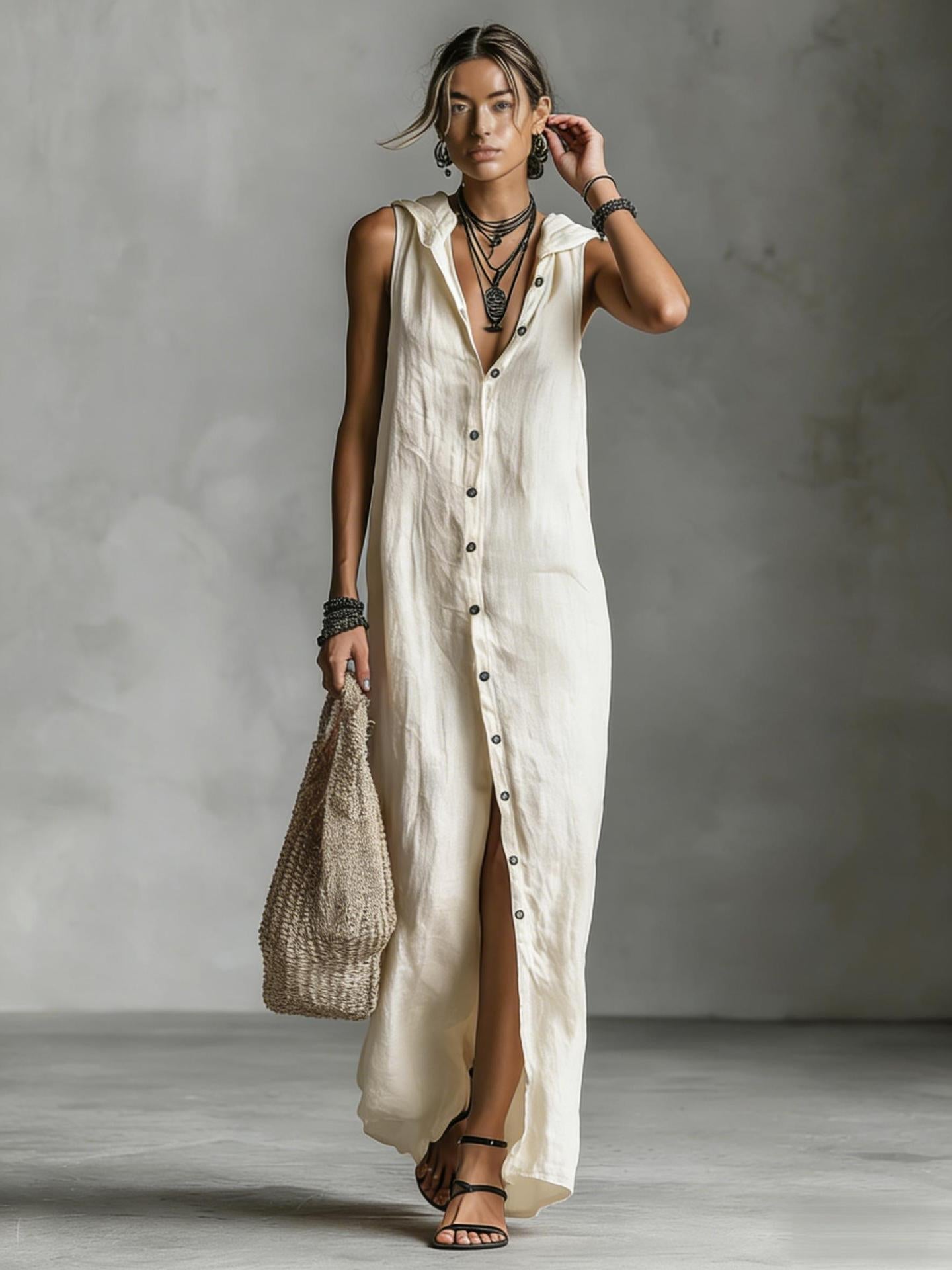 Women's Sleeveless Button-Down Hooded Maxi Dress - Image 6