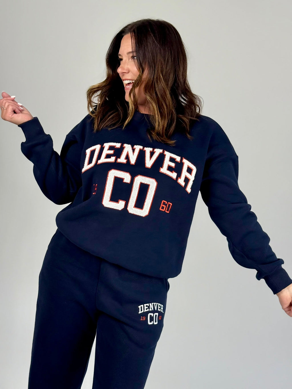 Denver Chenille Lettering Sweatshirt - Navy White Red Crewneck