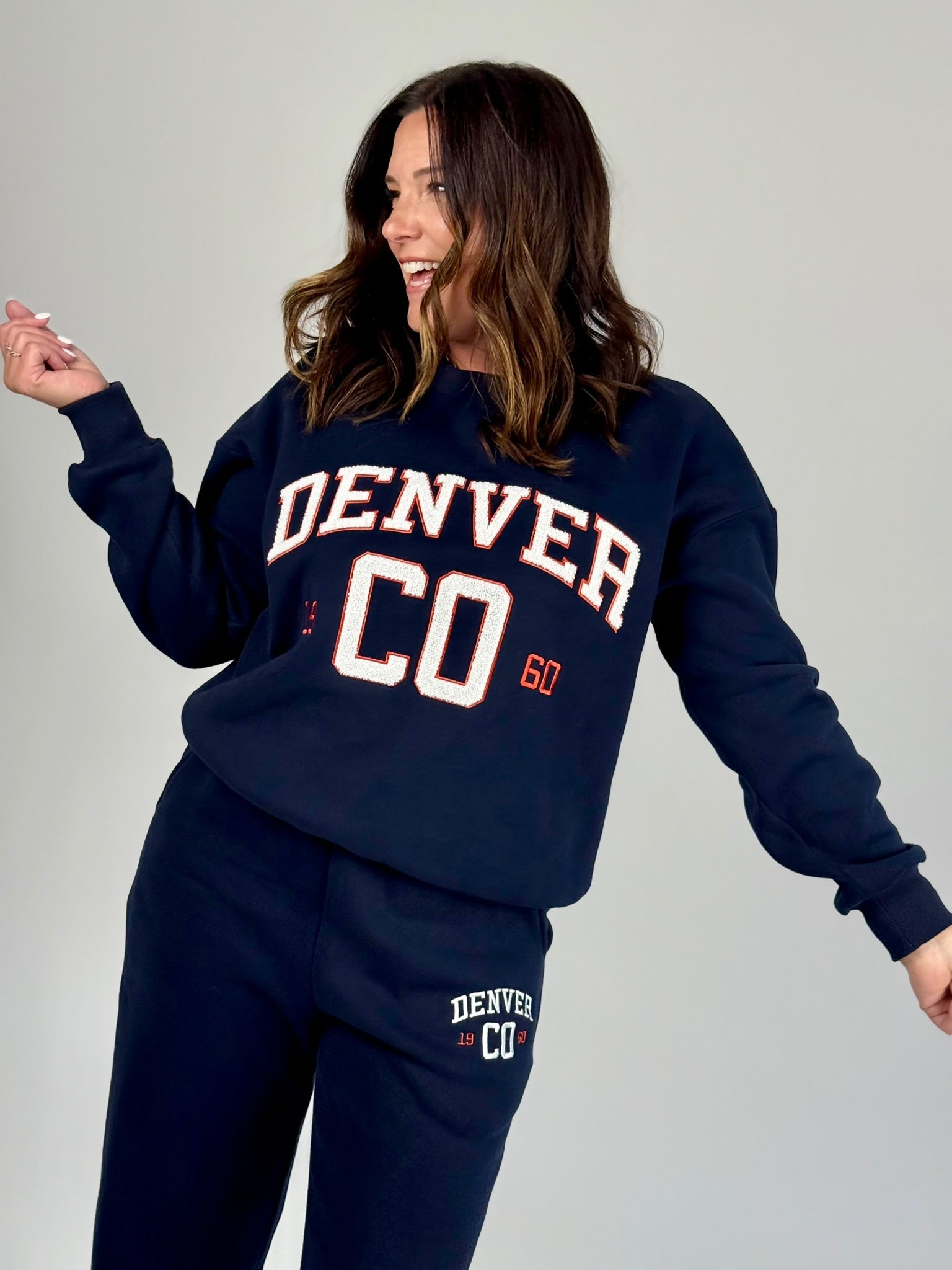 Denver Chenille Lettering Sweatshirt - Navy White Red Crewneck